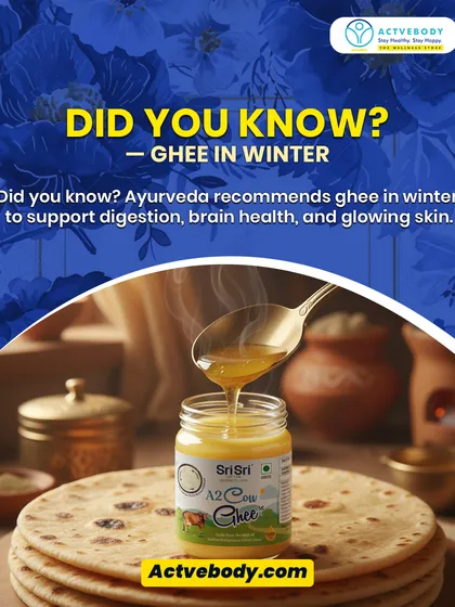 Did you know Ayurveda recommends ghee in winter? This image of golden A2 Cow Ghee being drizzled over a roti explains that it supports digestion, brain health, and gives your skin a natural glow.