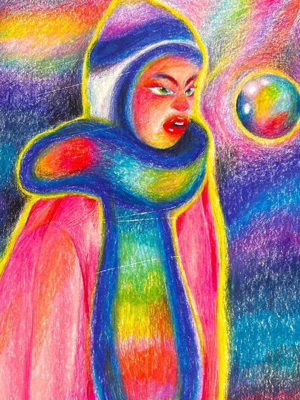 A vibrant, psychedelic portrait titled 'Seen My Aura,' created with colored pencils.