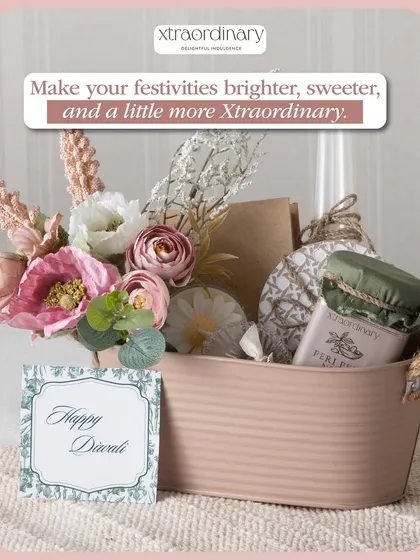 This hamper is designed to make your festivities brighter and sweeter. It combines our fresh bakes with beautiful artificial flowers and a "Happy Diwali" card, all in a chic pastel container.