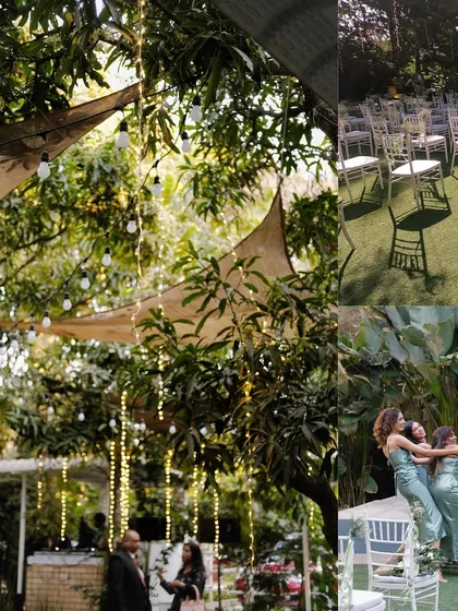 A collage capturing the festive atmosphere of an evening reception, with fairy lights twinkling in the trees and guests enjoying the celebration.