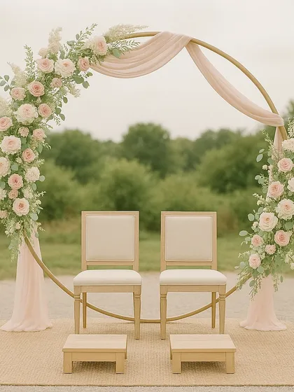 A modern and minimalist mandap design with a circular golden arch. The arch is asymmetrically decorated with beautiful pastel pink roses and greenery, perfect for a chic and contemporary wedding.
