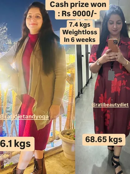 This client lost 7.4 kgs in 6 weeks and won a Rs 9000 cash prize. Her smile says it all.