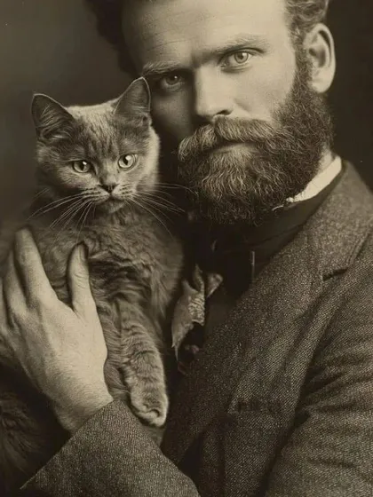 A vintage-style portrait of illustrator Henry Justice Ford and his cat. We are inspired by historical photographs and can create timeless, sepia-toned portraits of you and your pet.