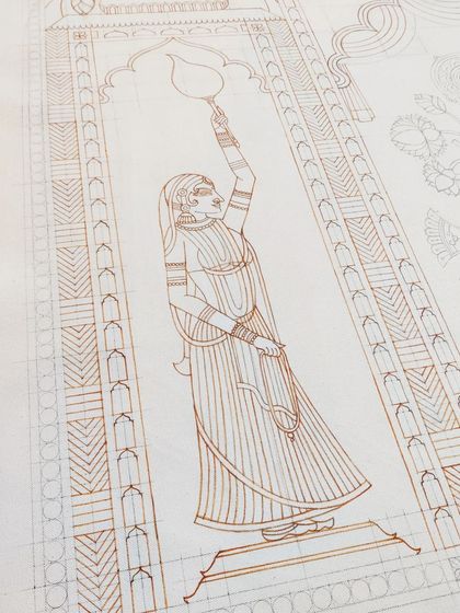 The brown outline of one of the Gopi attendants for the Srinathji painting.