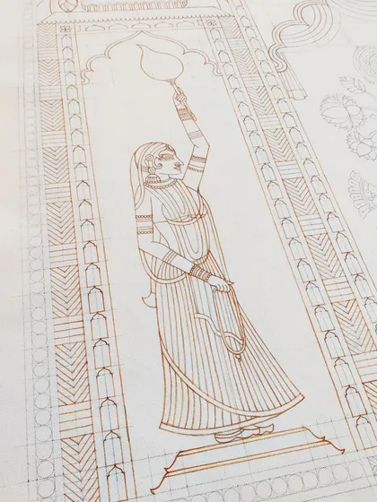 The brown outline of one of the Gopi attendants for the Srinathji painting.