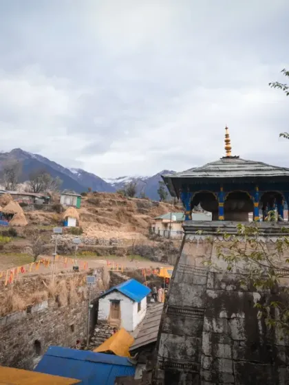 The ancient architecture of the Triyuginarayan temple, where Lord Shiva and Goddess Parvati's celestial wedding took place, providing a historic backdrop.
