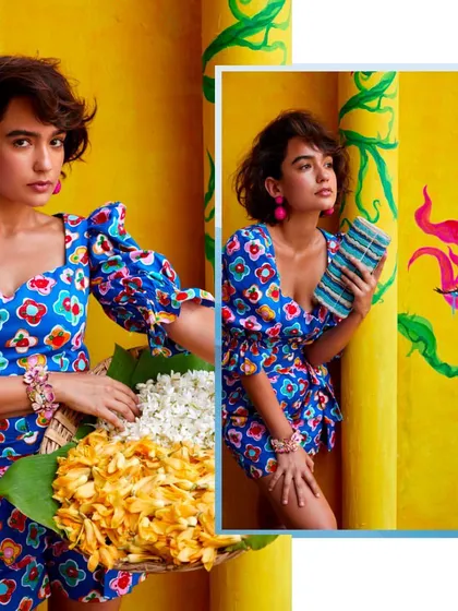 A playful, printed look from the 'UTOPIA' campaign. The colorful floral dress is paired with complementary accessories, creating a look that is full of life and personality.
