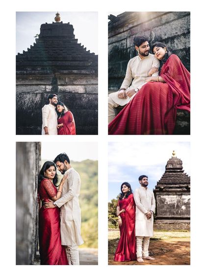 A collection of four portraits set against an ancient temple, blending romance with history and culture for a unique pre-wedding album.