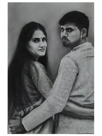 A custom graphite portrait capturing a quiet moment between a couple. My goal here was to translate the connection and affection from their photo onto paper, creating a cherished keepsake.