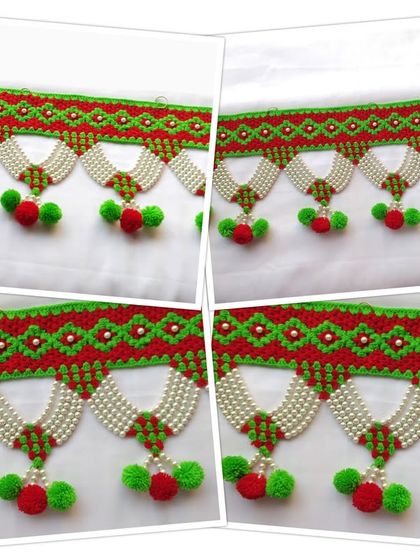 A collage showing different angles of the festive red and green beaded toran, highlighting its intricate design.