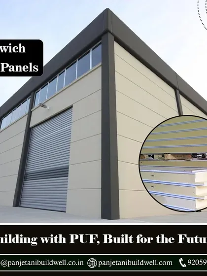 We build with PUF for a future-proof structure. Our sandwich panels, shown here on a commercial building, provide excellent insulation and a durable exterior, contributing to sustainable building practices.