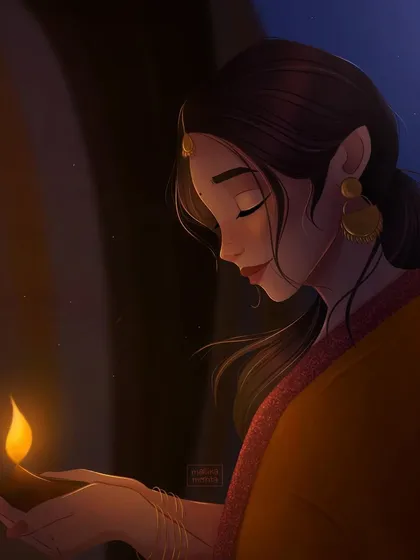 An illustration I made for Diwali, showing a woman holding a single diya. This piece is a study in dramatic lighting, with the flame illuminating her face against a dark background.