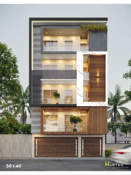 This 3D render is for an upcoming residential project in West Delhi with a 30-foot front. The facade design uses a striking white frame to highlight a section with wood louvers and warm lighting, creating a distinct visual feature.