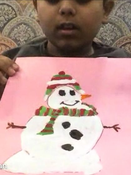 A festive snowman created by our student Aarav. We love incorporating seasonal themes to keep the classes fun and relevant, exploring different textures to make the snow look real.