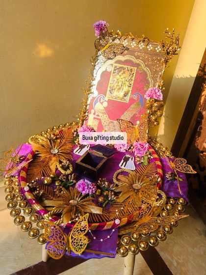 Another view of the stunning Radha Krishna engagement platter, showcasing its intricate details and luxurious feel.