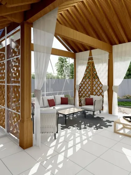 A 3D render of a gazebo concept, where wooden elegance meets the soft embrace of white sheers. We design open structures like this to feel intimate and cozy.