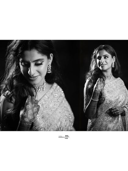 A classic black and white diptych of the bride. These portraits are timeless, focusing on her expression and the beautiful details of her jewelry and attire.