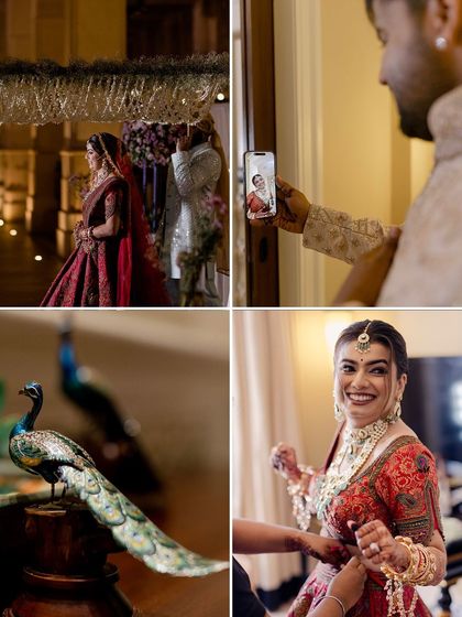 A collage of candid moments and details, including the groom taking a photo of his bride on his phone.
