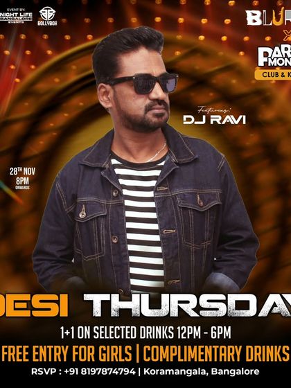 The poster for 'Desi Thursday' at Blurred x Party Monkeyz in Koramangala.