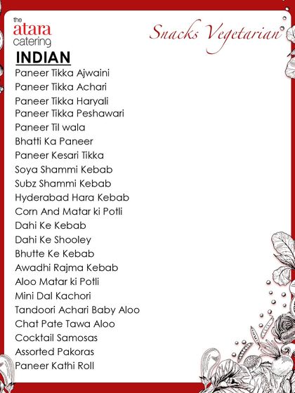 A look at our extensive Indian vegetarian snacks menu. It features a wide variety of options, from different types of Paneer Tikka to an array of kebabs and kachoris.