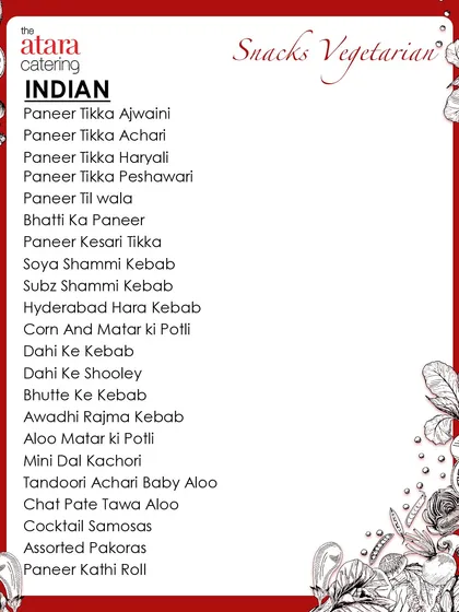 A look at our extensive Indian vegetarian snacks menu. It features a wide variety of options, from different types of Paneer Tikka to an array of kebabs and kachoris.