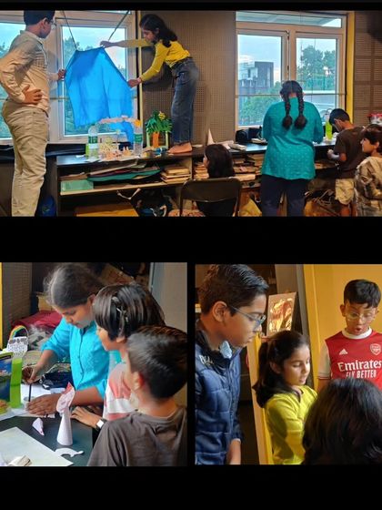 More from our object theatre workshop, where kids are seen collaborating to build their installations. This process teaches them teamwork, problem-solving, and creative expression.