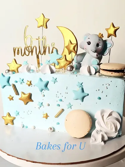 Halfway to one! A cute half-birthday cake with a baby elephant, moon, and stars theme. The soft blue color and gold accents make it a sweet way to celebrate a six-month milestone.