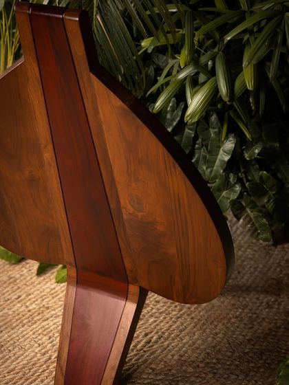 Various angles of the Vismayam chair, showcasing its intricate details, the contrast of different wood grains, and its powerful, sculptural presence. Each view offers a new perspective on this piece of collectible, art-inspired furniture.