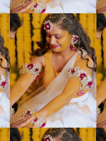 A collage of a bride's portraits from her Mangalasnanam, capturing her serene and happy moments.