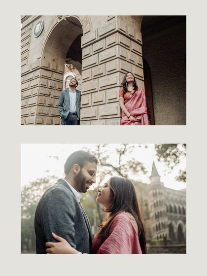Two romantic moments captured around the city's architecture. The top shot has a playful, looking-up pose, while the bottom is a close and loving embrace.