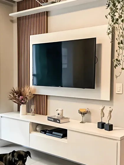 A minimalist floating TV unit in crisp white, accented with vertical wood slats for texture. This design keeps the living area feeling open and uncluttered, with a hanging plant adding a touch of natural softness.