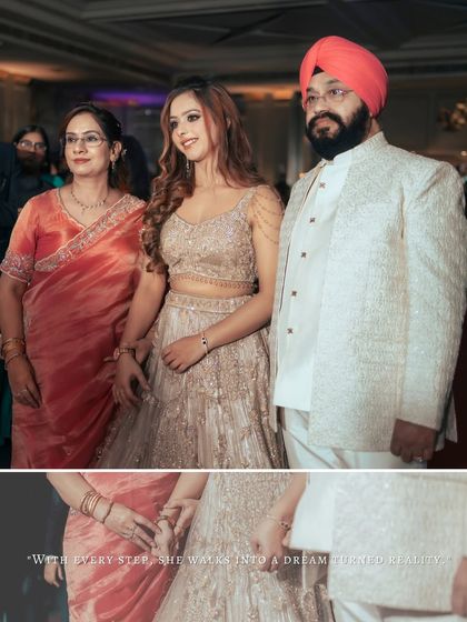 A touching moment as the bride, Simran, walks in with her parents, showcasing the importance of family in these celebrations.