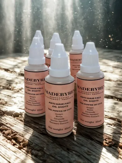 For those struggling with hair fall, I created these Anti Hair Fall Oil Shots. They are packed with a powerful combination of Biotin, Anagain, and Onion Ferment to strengthen hair from the root, stimulate growth, and restore your hair's natural vitality.