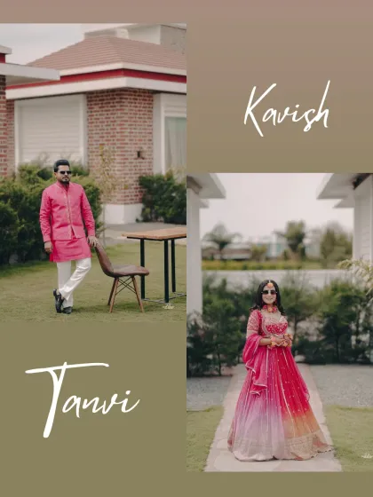 A stylish collage of the bride and groom's individual portraits from their Haldi day, showcasing their coordinated pink and white outfits.
