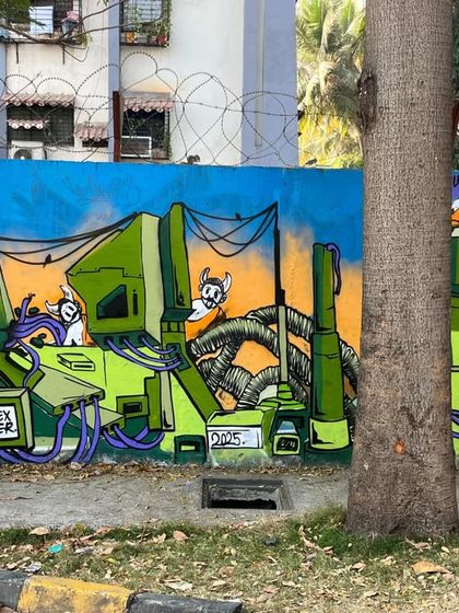 A straight-on shot of my Stylebound mural. This piece is full of mechanical details, like pipes and wires, and features my signature "DEXTER" tag integrated into the design.