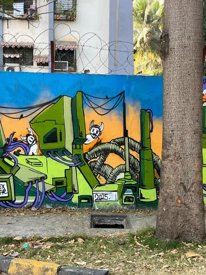 A straight-on shot of my Stylebound mural. This piece is full of mechanical details, like pipes and wires, and features my signature "DEXTER" tag integrated into the design.