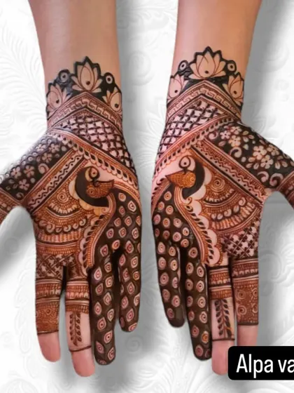 A graceful peacock design where the bird is integrated into a larger traditional pattern with checks and floral elements.
