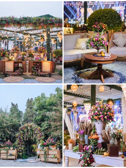 A collage of the vibrant, floral-heavy decor from a lively Mehendi party in Chandigarh.