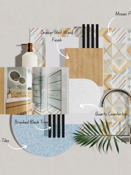 This mood board for a bathroom explores a more playful aesthetic with mosaic and terrazzo tiles. It shows our versatility in working with different styles and materials to match a client's personality.