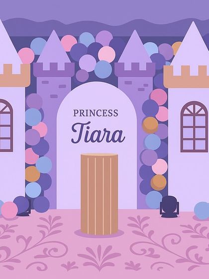 This is the design render for Tiara's princess castle party. It helps you visualize the final setup, showing the placement of the castle, princesses, balloons, and the light-up number "1".