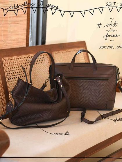 Our Woven Oak edit, featuring the Namrata hobo and the Ghalib briefcase. Hand-weaving the matte, dark brown Oak leather creates a beautiful texture and adds a touch of elegance to these classic designs.