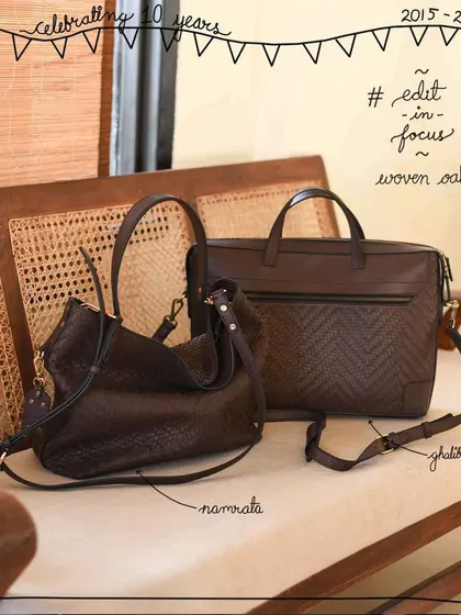 A focus on our Woven Oak edit, featuring the soft Namrata hobo and the structured Ghalib laptop bag. This shows how the same matte, lightweight, and durable woven leather can be used to create bags with very different personalities.