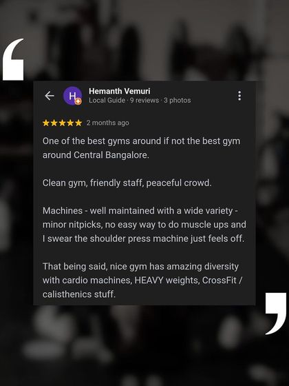 A great review from Hemanth Vemuri praising our clean gym, peaceful crowd, and well-maintained machines. We're especially proud he swears our shoulder press machine "just feels off" in the best way possible.
