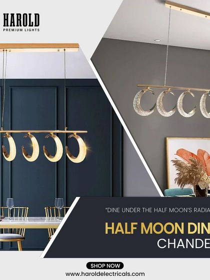 Dine under the Half Moon's radiance. This linear dining chandelier with five crescent moons is a unique and stylish choice that is sure to be a conversation starter.