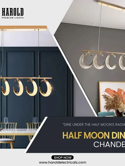Dine under the Half Moon's radiance. This linear dining chandelier with five crescent moons is a unique and stylish choice that is sure to be a conversation starter.