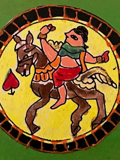 This Ganjifa coaster shows a figure riding a winged horse. Recreating these intricate designs on a small scale is a meditative and enjoyable process for me.