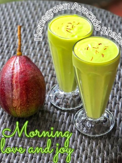 Morning love and joy in a glass. This is a creamy and refreshing shake made from our homegrown avocados, garnished with a touch of saffron.
