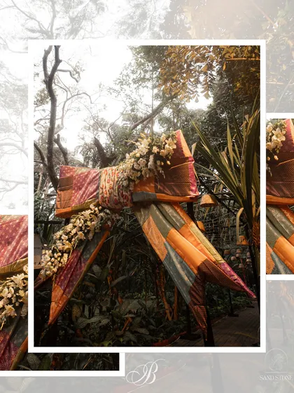 When a bride dreams of a life-sized Christmas bow for her wedding entrance, we make it happen. This magnificent 12-foot bow was crafted from a patchwork of beautiful brocade fabrics, creating a festive and unforgettable welcome for guests.