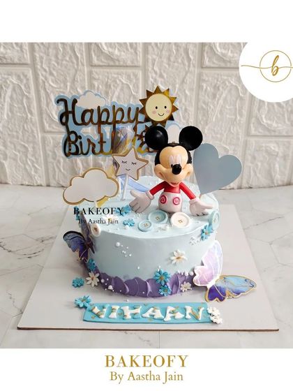 The customer wanted the cutest cake, and I think this one is it. A Mickey Mouse theme with pastel hues, stars, clouds, and butterflies. The flavor was fresh fruit.