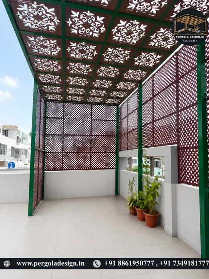 The interior view of the laser-cut pergola reveals how the patterned roof and walls create a beautiful play of light and shadow. This design provides a semi-enclosed feel while maintaining airflow and a connection to the outdoors.